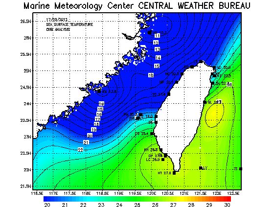 中央氣象局網站3月17日海水表面溫度圖顯示中北部沿岸都在冷水團入侵的範圍內