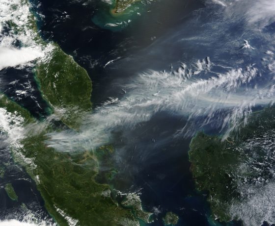 圖為2013年東南亞霾害的衛星影像。印尼蘇門答臘島的森林大火產生的濃煙，隨風飄越麻六甲海峽，嚴重影響馬來西亞與新加坡等鄰國。(圖片來源：NASA Earth Observatory image by Jeff Schmaltz, LANCE)