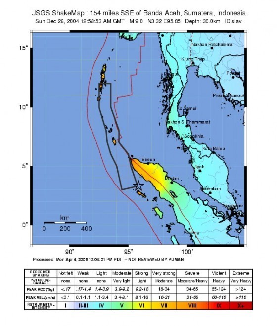 2004/12/26蘇門答臘強震的震度分布(取自USGS網頁)