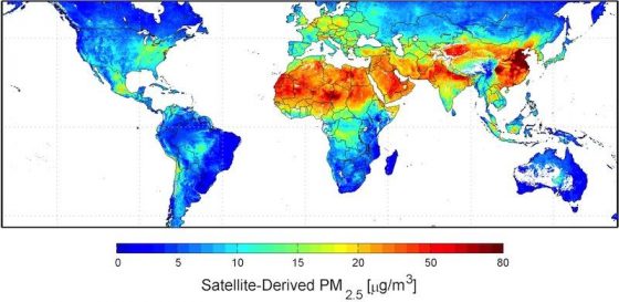 空氣污染會影響我們的幸福感受，圖為2001年至2006年衛星觀測的全球PM2.5污染物濃度圖，顏色越紅表示污染越嚴重。(圖片版權：Aaron van Donkelaar, Dalhousie University)