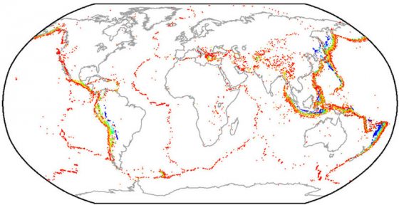 超過兩萬筆的地震資料被標註於世界地圖上，了解過去能讓我們對於未來的地震有更多認識。（圖片來源：International Seismic Centre）