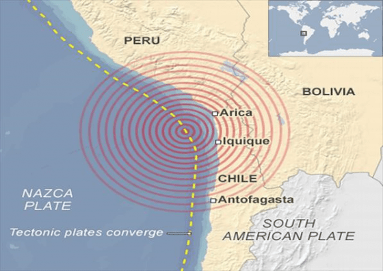 智利2014年4月2日的8.2級強震震央圖。（圖片來源：BBC NEWS）