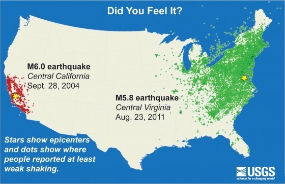 美國地質調查局「Did you feel it?」網站中，記錄美國東西岸兩次規模類似的地震感知回報資料，東岸的有感範圍明顯比西岸廣泛。(圖片來源：USGS)
