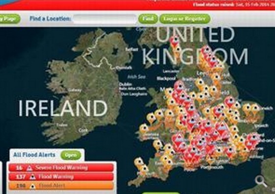 英國環境署「洪水警報地圖」2014年2月16日網站截圖。(圖片來源：作者)