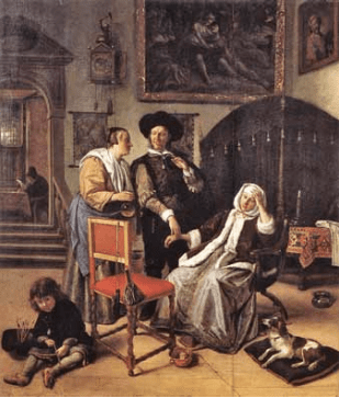 坐著的女性等待懷孕檢查的結果／荷蘭畫家斯特恩（Jan Steen），西元1660年左右