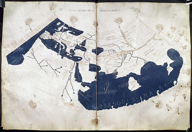 十五世紀時，所重新繪製的托勒密世界地圖。托勒密（Ptolemy, 約90年 - 168年）對於天文、地理、科學都有極重要的發現。