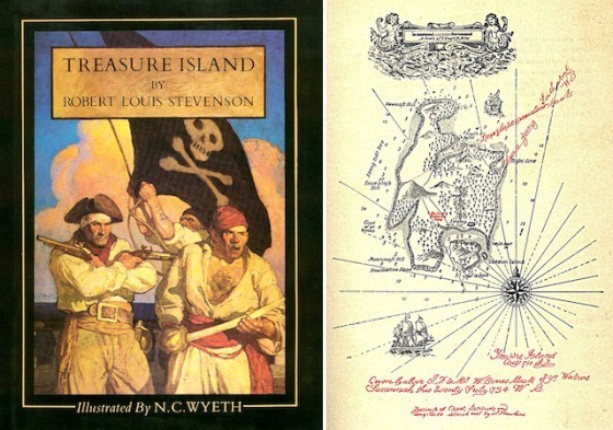 （左）1911 年版的《金銀島》封面。（右）《金銀島》中的地圖。[圖片來源：Wikimedia Commons]