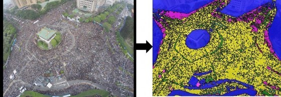 藉由影像分析軟體找出空照圖中人佔的區域(黃色)。（圖片來源：邦及空拍工作室）