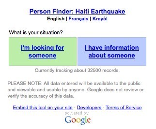2010 海地大地震時Google推出之Person Finder服務 （Image from : Wikipedia）