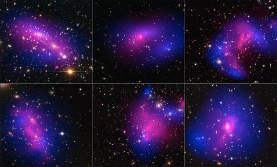 Collage of six cluster collisions, with dark-matter maps and X-r