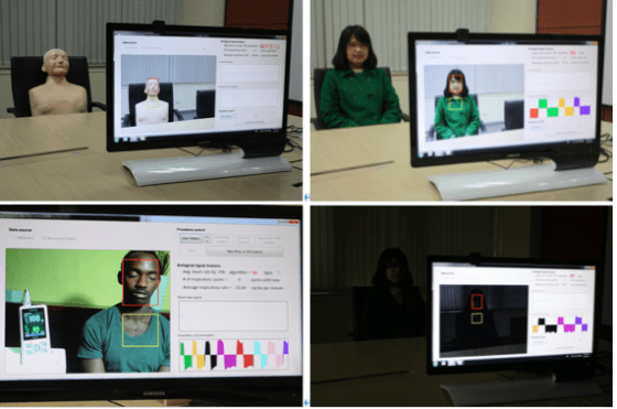 系統運作模擬，系統可辨別真人、假樣本、不同光線下及不同膚色。