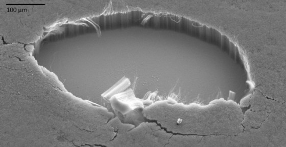 這是奈米碳管黑體在顯微鏡底下的樣子，垂直緊密排列的奈米碳管。