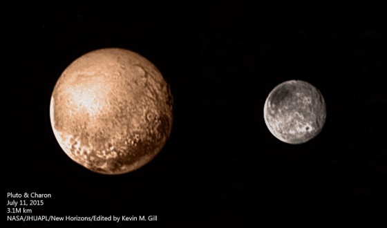 這是新視野號於7/11拍攝的冥王星（左）和冥衛一（右）的合照，也是1930年發現冥王星以來最清楚的一張照片。 Image Credit: NASA/JHUAPL/New Horizons/Edited by Kevin M. Gill