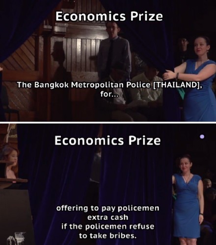 搞笑諾貝爾獎經濟學獎頒給了泰國的曼谷大都會警察局。 圖片來源：影片截圖