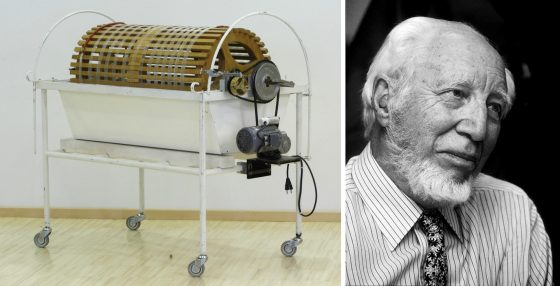 科爾夫先生和他開發的早期洗腎機。from: wikimedia