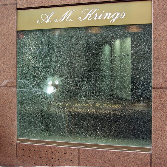 Bulletproof glass window after a burglary attempt