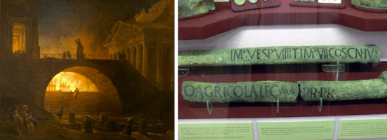 左：以羅馬城大火為題繪製的畫；右：遺留至今的羅馬鉛水管。from wikimedia 