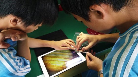 學生使用iPad和uHandy觀察小魚尾鰭。