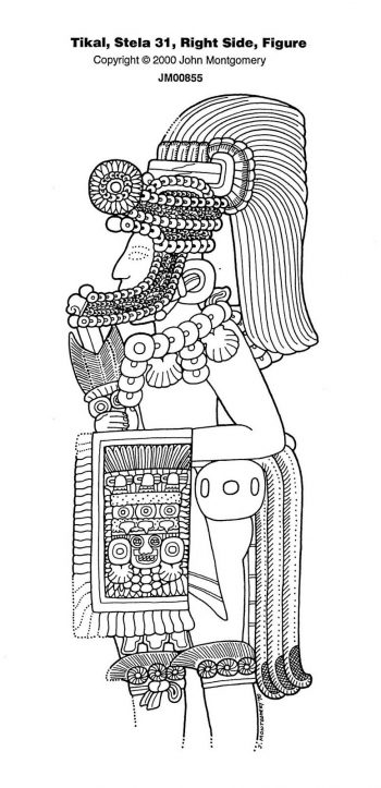 在帝卡爾的石碑浮雕線描圖中可看出，武士的頭飾、擲矛器皆為提奧帝華甘風格（Copyright © John Montgomery）