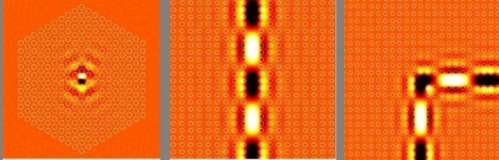 （左）點缺陷應用於共振腔（中）線缺陷應用於波導（右）光波能量在直角轉彎的光子晶體波導中的分佈情形。