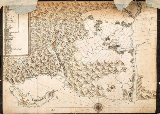 1654年荷蘭人繪製的大台北古地圖，即淡水與雞籠一帶。來源：維基百科。