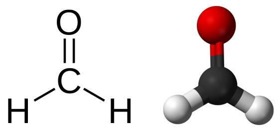 甲醛的結構示意圖(左)與分子模型(右)。黑、白、紅色球分別代表碳、氫、氧原子。來源：維基百科。