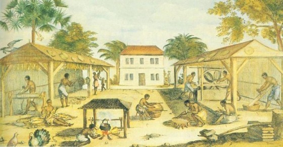 17 世紀美洲奴隸處理菸草景象。