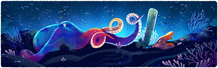 Aquatic/Ocean, Coral Reef and Octopus.（海洋和章魚、珊瑚） source:Google Doodle 