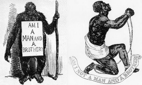 左為1861年《刺青》雜誌上的諷刺漫畫，右為十九世紀英國禁止奴隸貿易協會的標誌。(來源1、來源2)