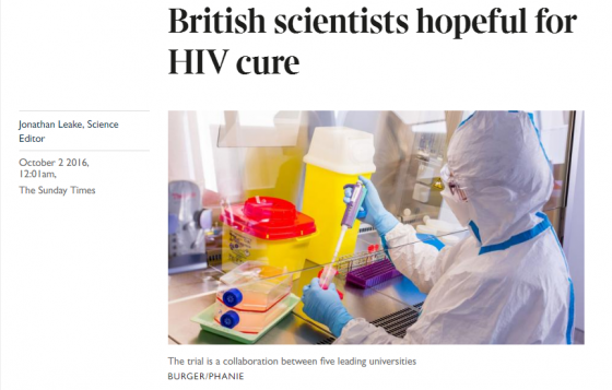 英國《泰晤士報》（The Times）2016 年 10 月 2 日報導，英國研究團隊愛滋病療法臨床試驗成果。圖／擷取自泰晤士報網站