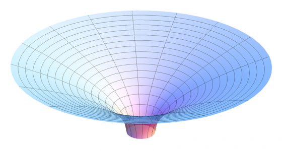 物體的幾何性質與時鐘速率，會受重力場所影響，而重力場本身又是由物質分布所決定。圖／AllenMcC. , CC by 3.0, https://commons.wikimedia.org/w/index.php?curid=3871398
