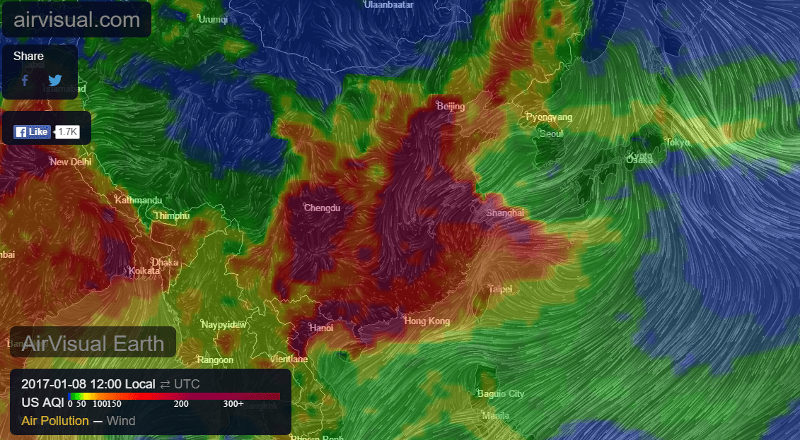 看看那塊紅到發紫的區域，真是嚇人！圖／截取自 AirVisual 網站