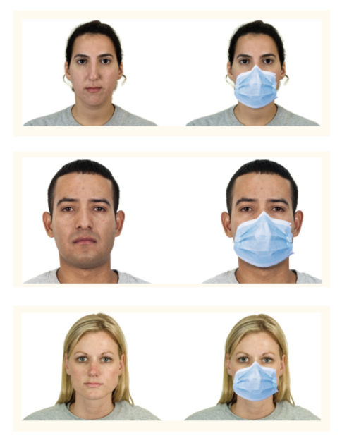 左側由上至下分別為被歸類成：不好看、普通、好看的臉孔，右側為研究團隊模擬其佩戴口罩的樣貌。（圖片來源／截圖自論文）